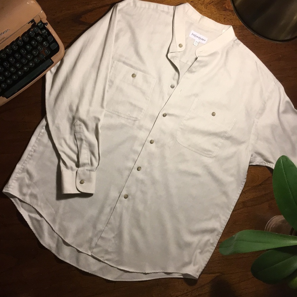 YVES SAINT LAURENT- Banded Collar Grey Button-Down